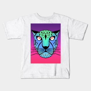 Neon Green Blue Black Leopard on hot electric pink purple background Kids T-Shirt